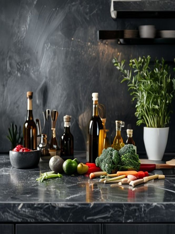Kitchen workspace with fresh vegetables and cooking ingredients