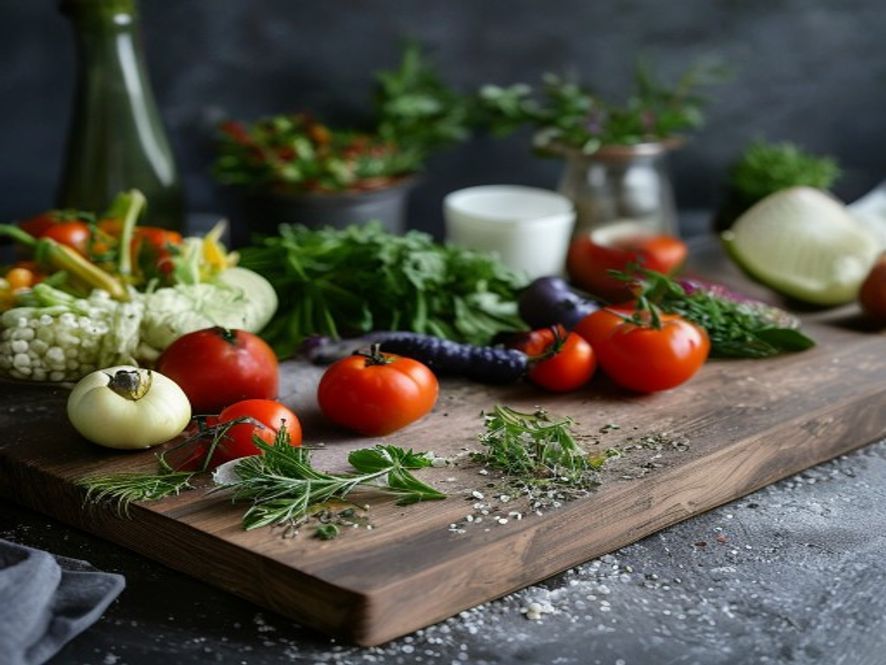 Organised kitchen workspace with chopped ingredients and cooking equipment